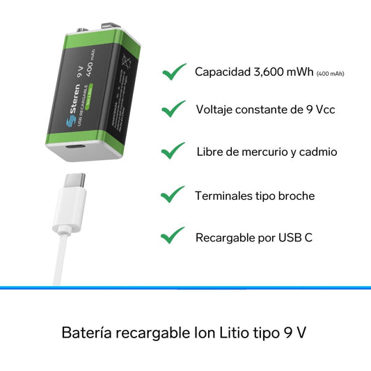 Batería recargable USB Li-ion cuadrada de 9V 400mAh-2