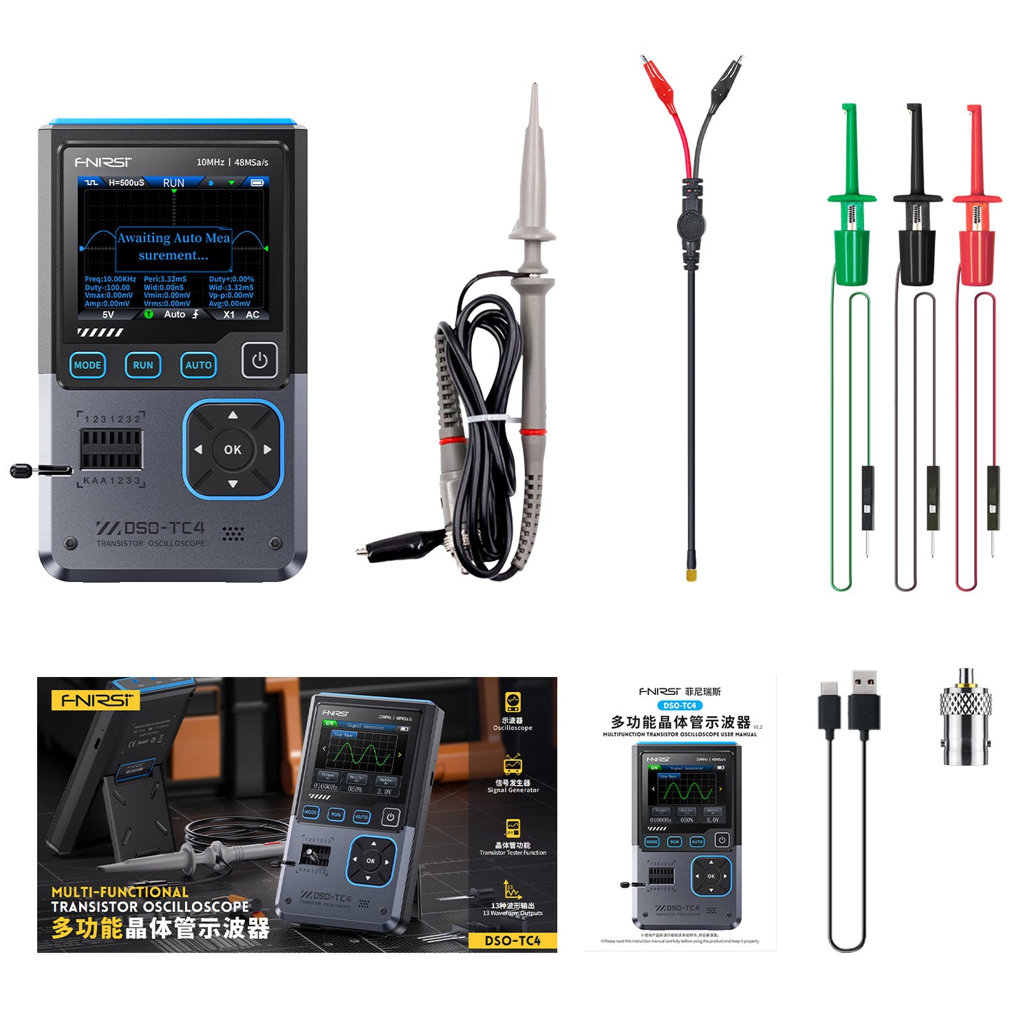 Osciloscopio portátil y tester de componentes Fnirsi DSO-TC4-3