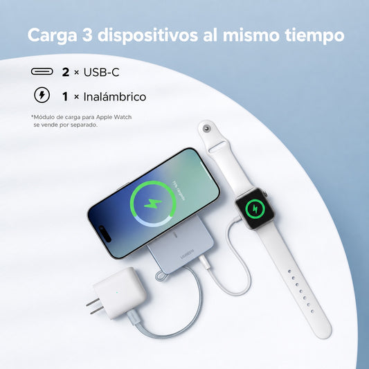 Batería portátil UGREEN inalámbrica de 25W con cable - 10,000 mAh - celeste