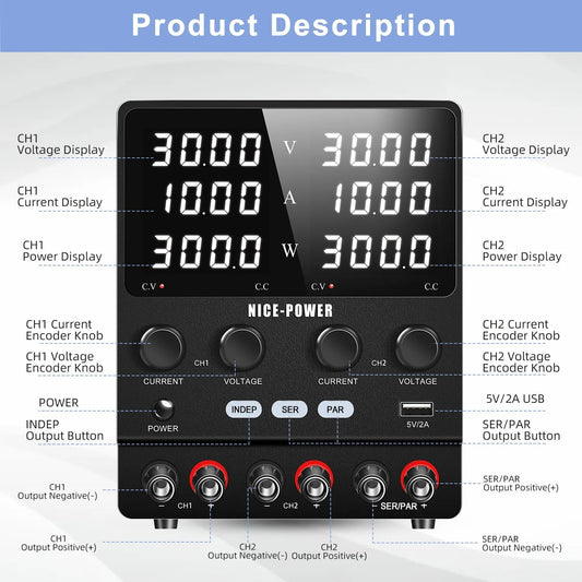 Fuente DC dual Kuaiqu de 600W - 30V-20A - 60V-10A o 2 salidas 30V-10A-2