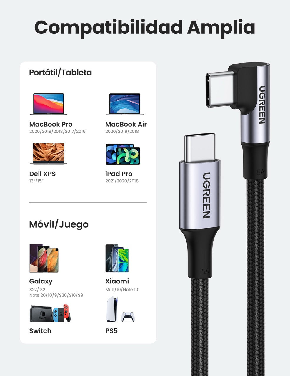 Cable USB-C trenzado con un conector angulado UGREEN de 100W - 1m-8