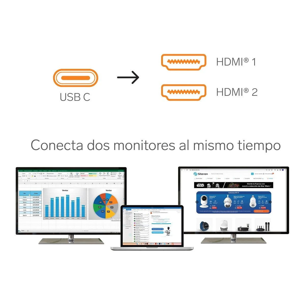 Adaptador USB C a 2 HDMI MST 4K-2