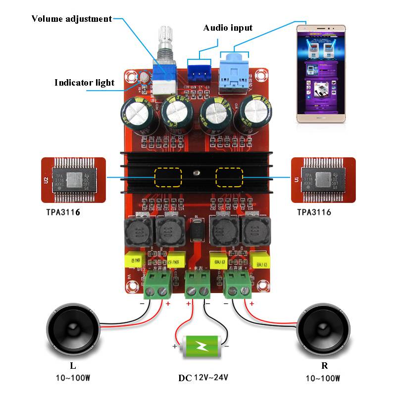 Módulo amplificador de audio estéreo XH-M190 clase D Hi-Fi 100W + 100W-2