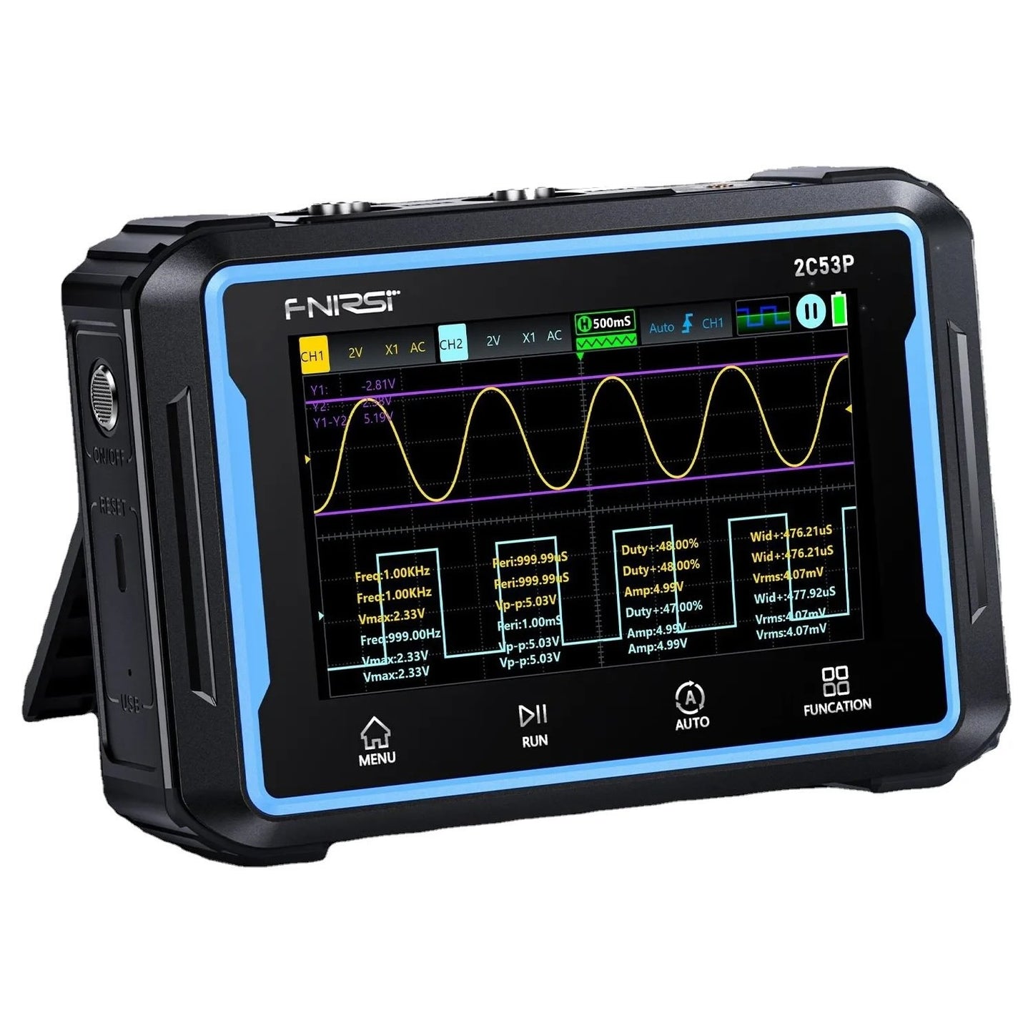 Osciloscopio de 2 canales 50 MHz y multímetro touch Fnirsi 2C53P-1