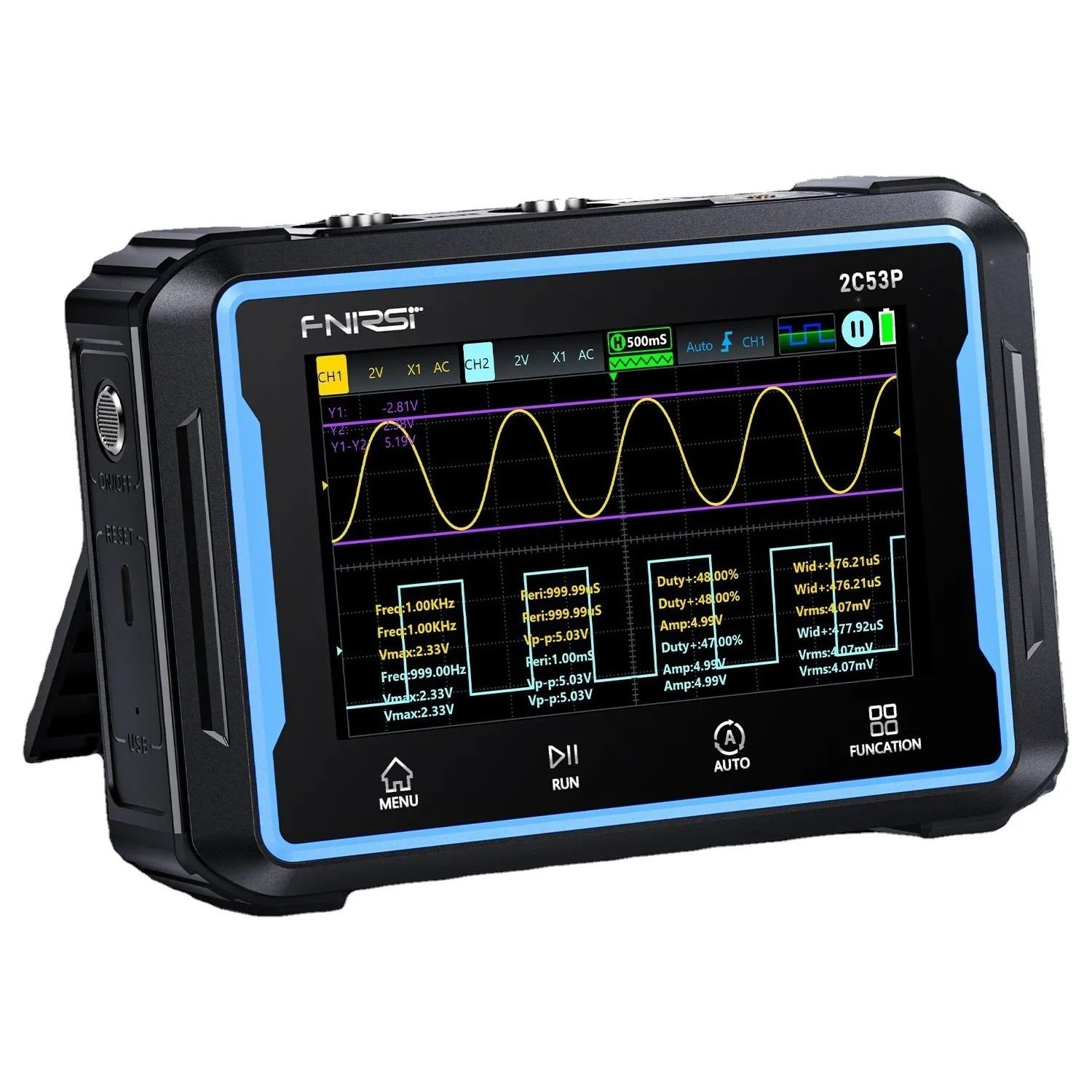Osciloscopio de 2 canales 50 MHz y multímetro touch Fnirsi 2C53P-1