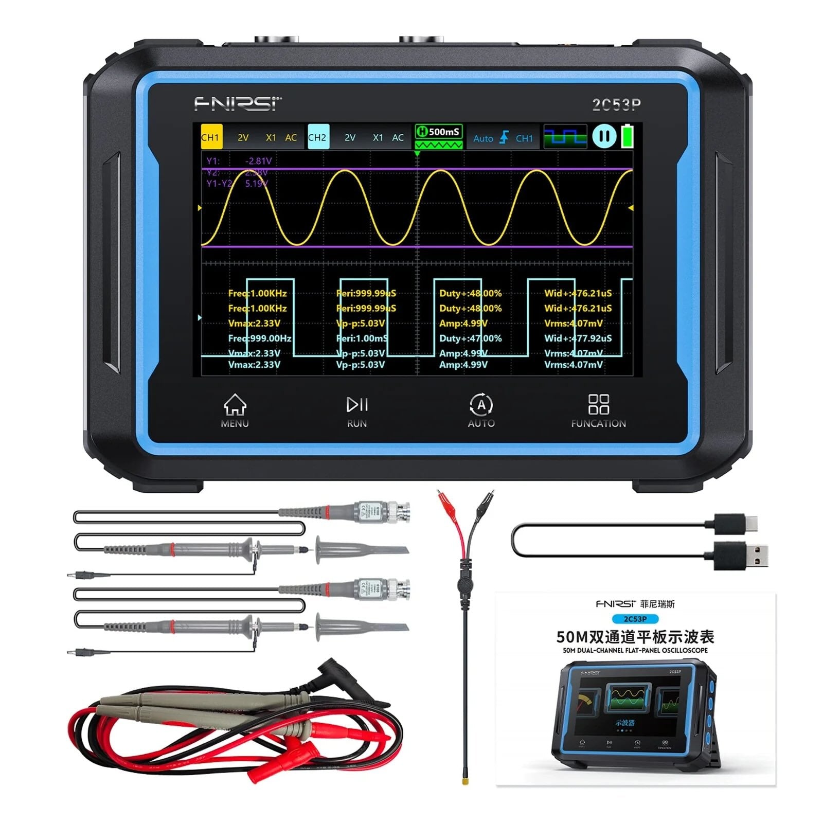 Osciloscopio de 2 canales 50 MHz y multímetro touch Fnirsi 2C53P-8