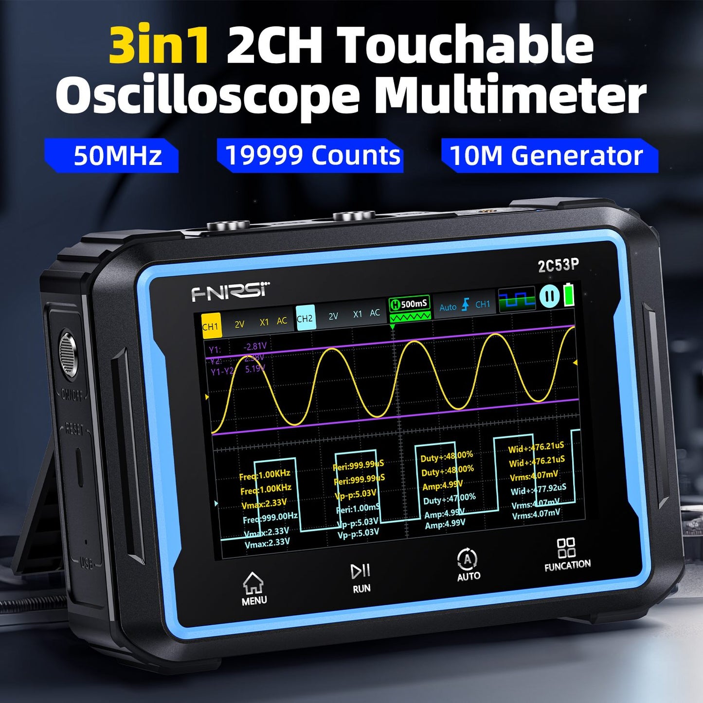 Osciloscopio de 2 canales 50 MHz y multímetro touch Fnirsi 2C53P-3
