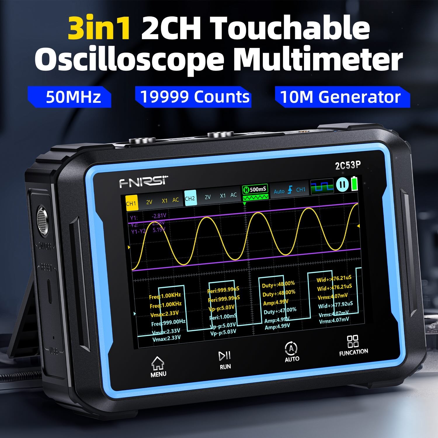 Osciloscopio de 2 canales 50 MHz y multímetro touch Fnirsi 2C53P-3