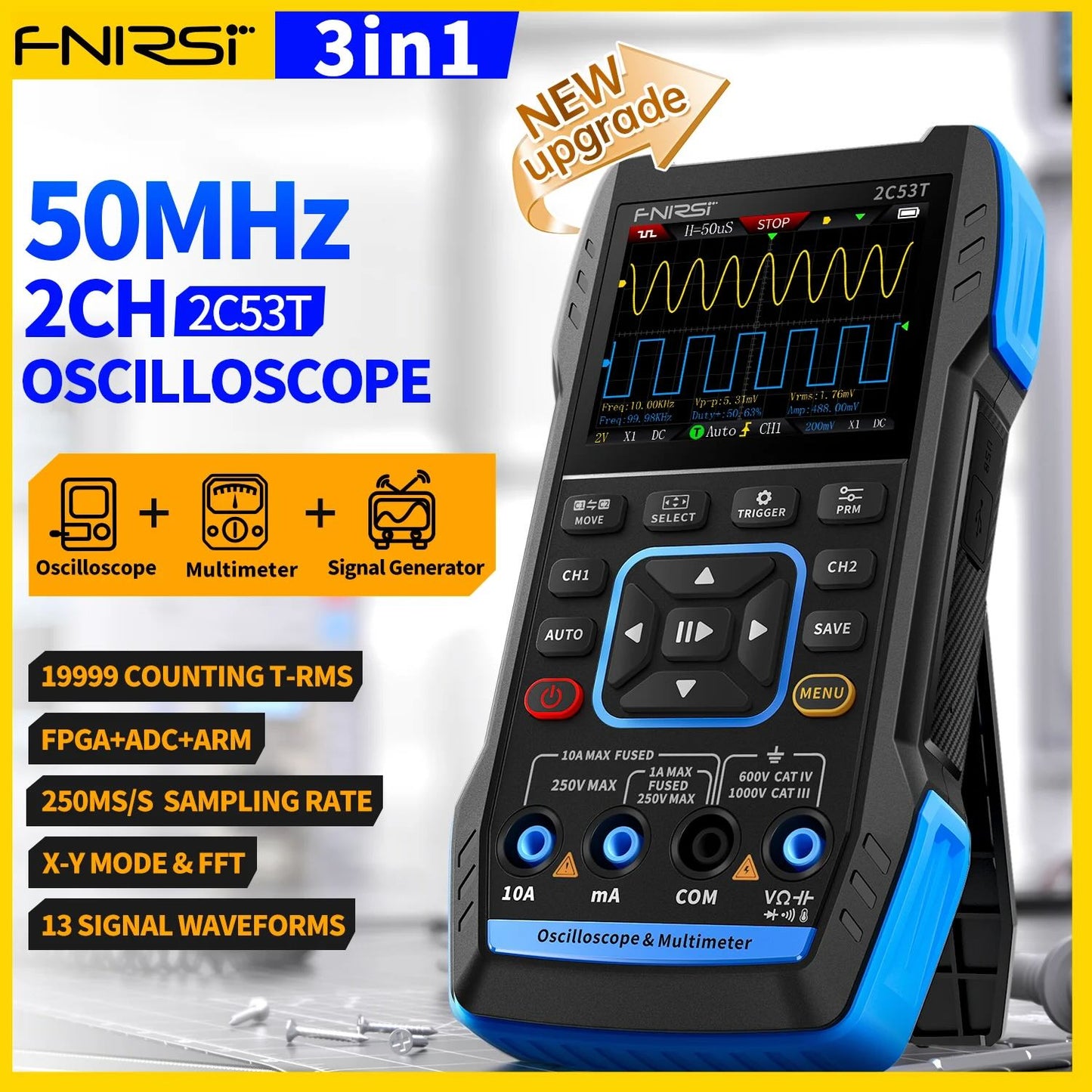 Osciloscopio de 50 MHz de 2 canales y multímetro Fnirsi 2C53T-2