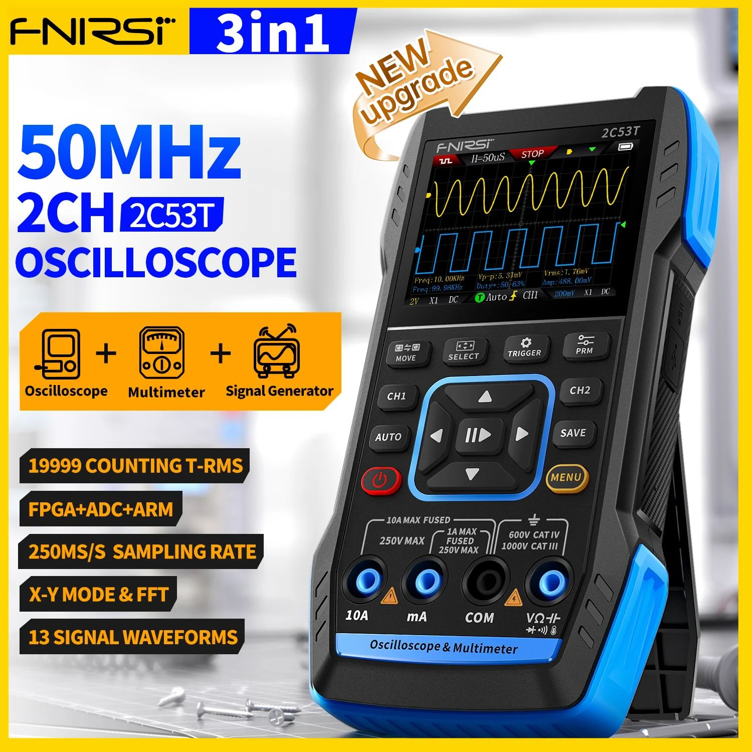 Osciloscopio de 50 MHz de 2 canales y multímetro Fnirsi 2C53T-2