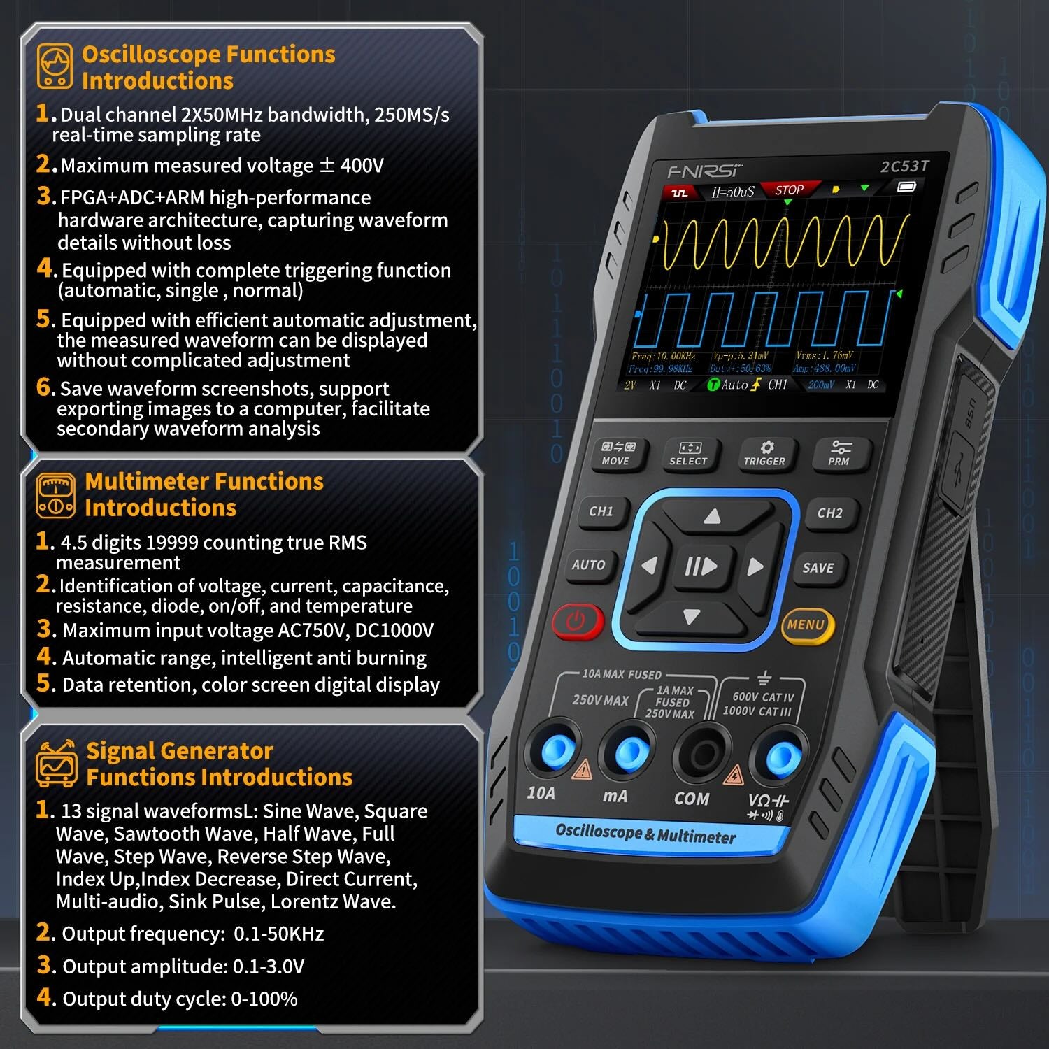 Osciloscopio de 50 MHz de 2 canales y multímetro Fnirsi 2C53T-5