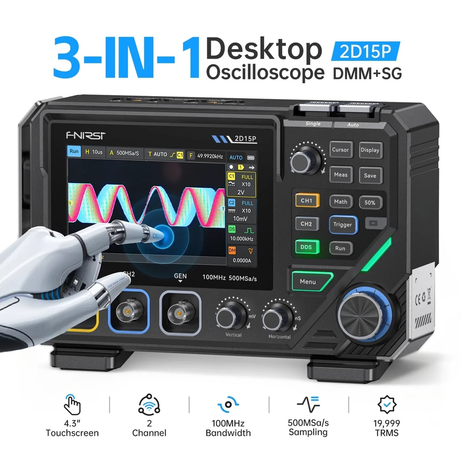 Osciloscopio de 2 canales 100 MHz, 3 en 1 Fnirsi 2D15P-2