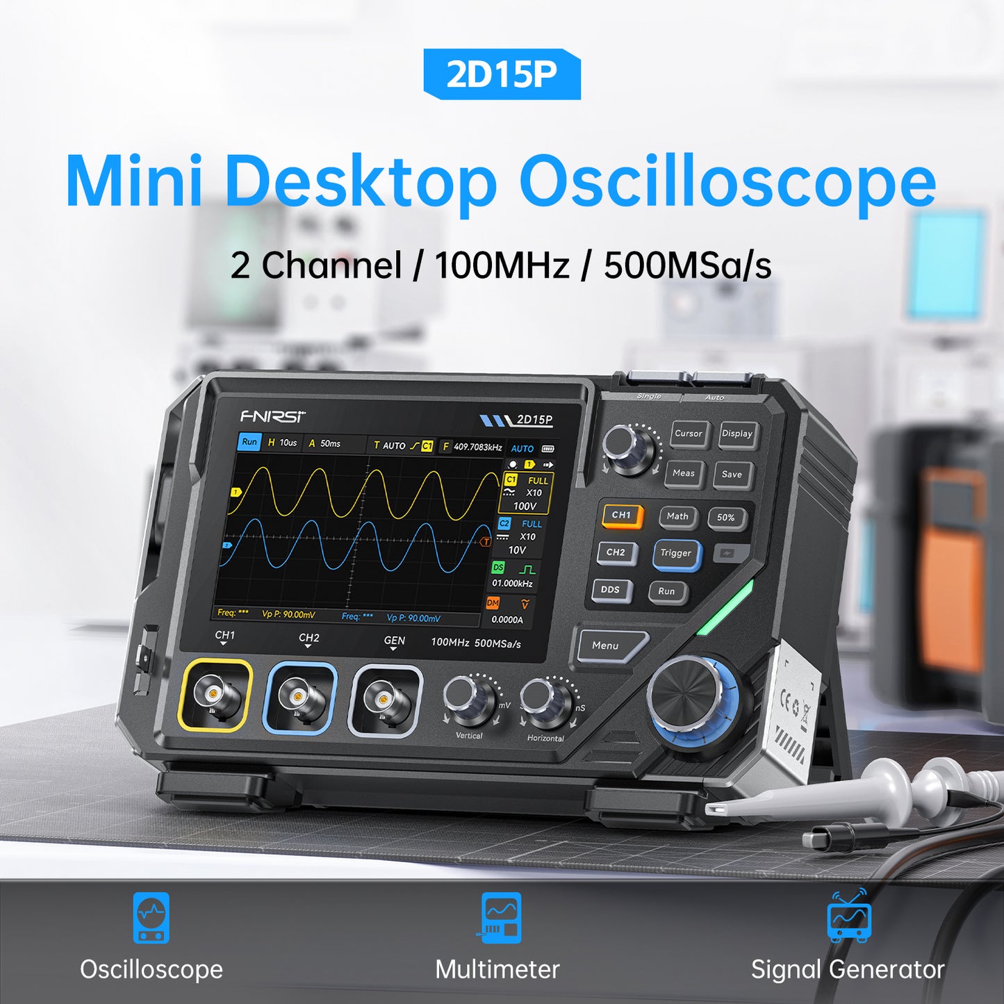 Osciloscopio de 2 canales 100 MHz, 3 en 1 Fnirsi 2D15P-4
