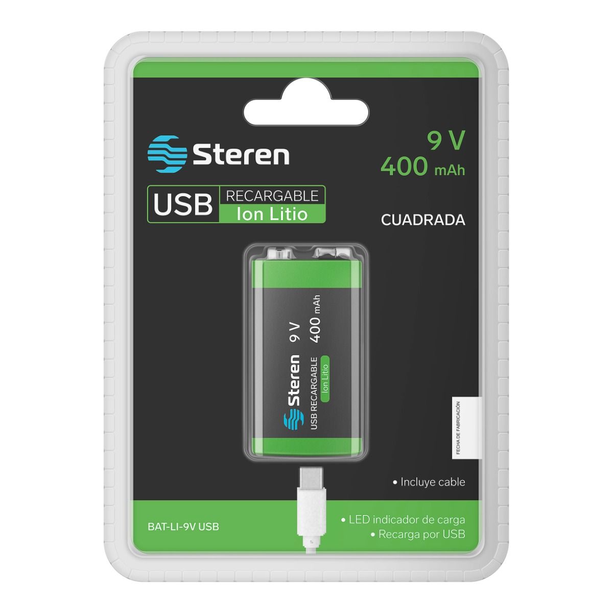 Batería recargable USB Li-ion cuadrada de 9V 400mAh-1
