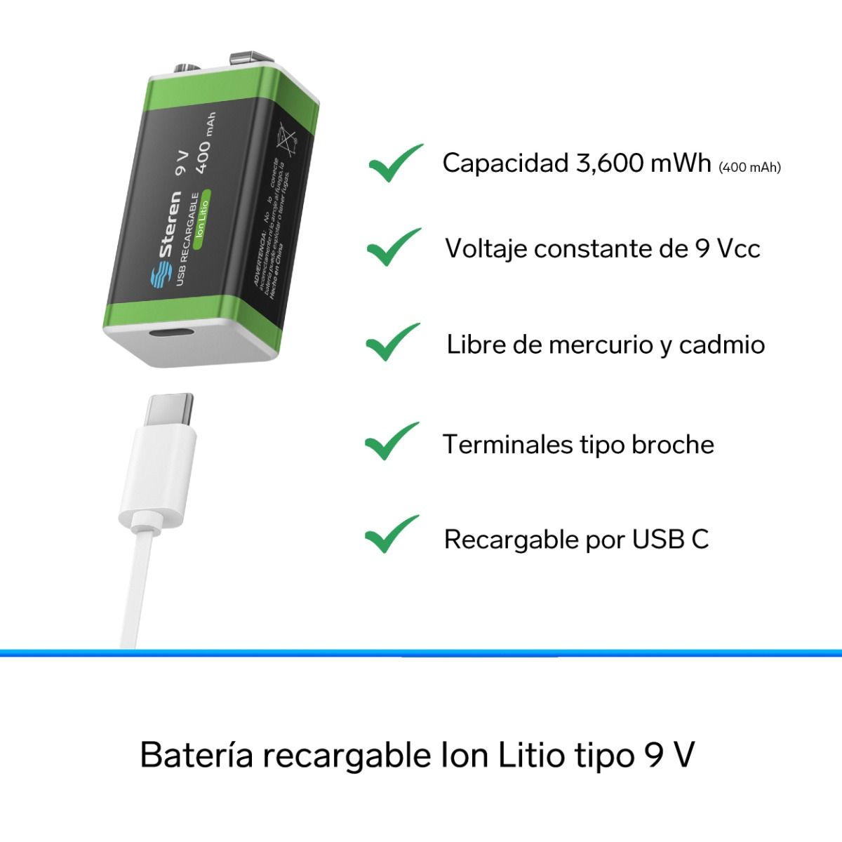 Batería recargable USB Li-ion cuadrada de 9V 500mAh - 2 unidades-2