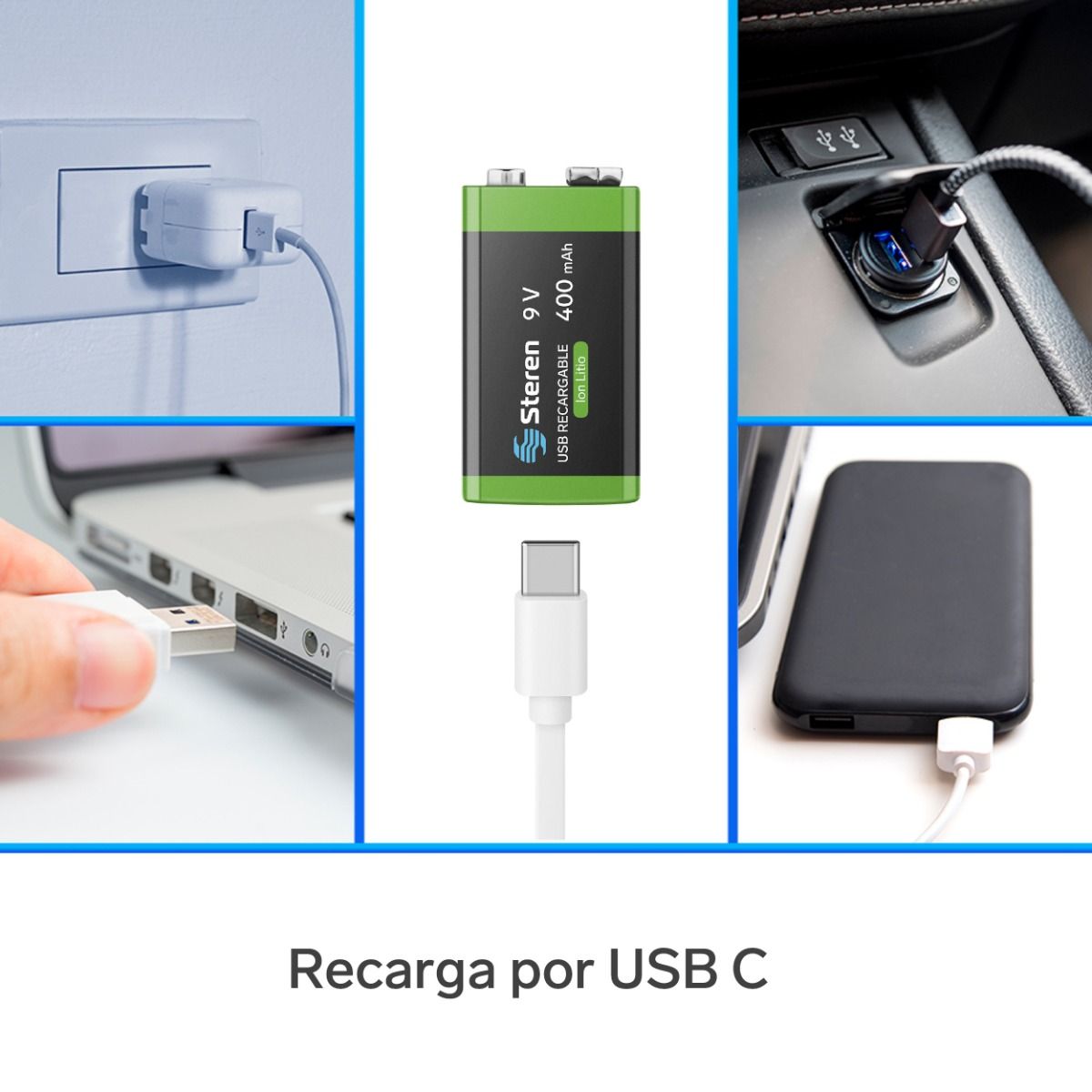 Batería recargable USB Li-ion cuadrada de 9V 400mAh-5
