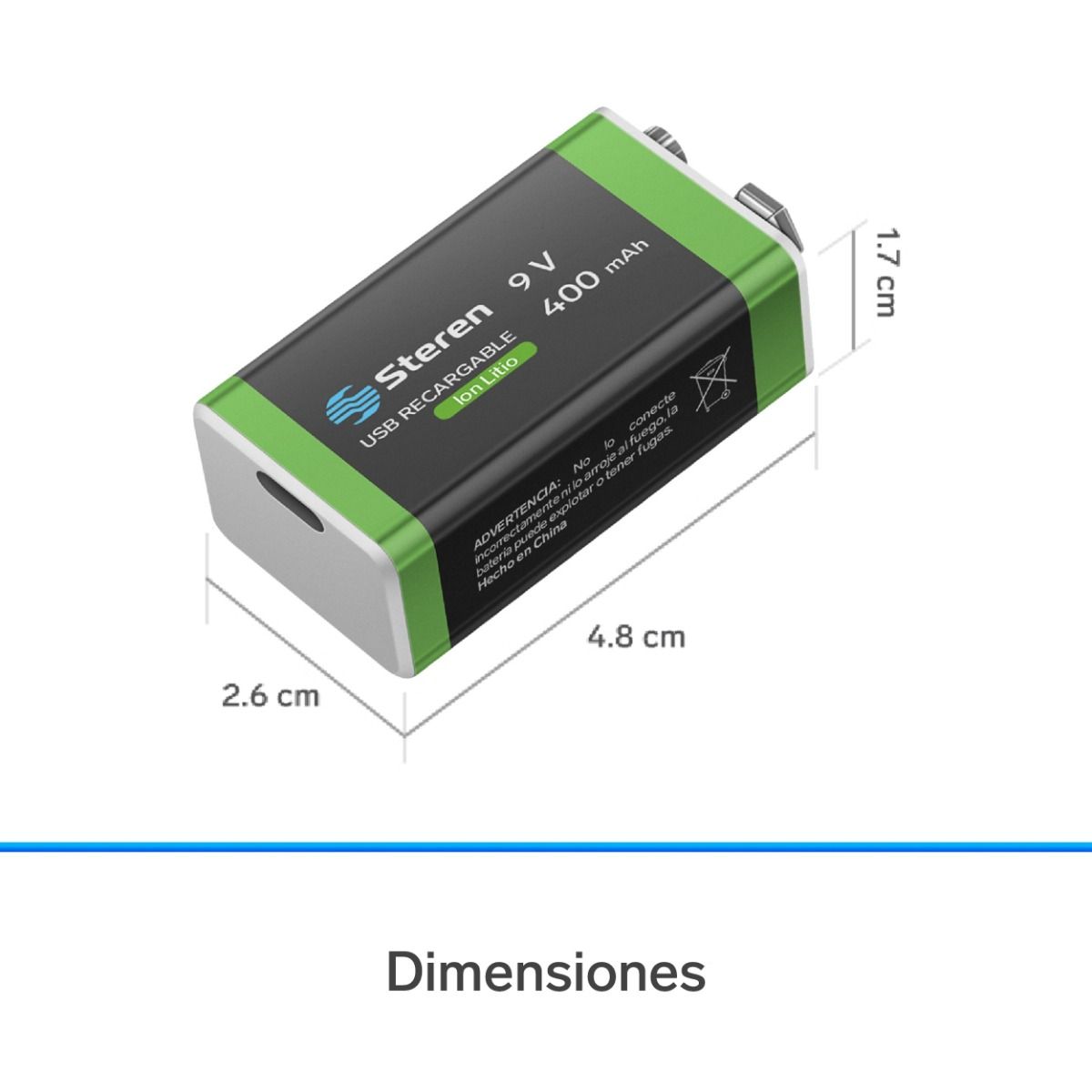 Batería recargable USB Li-ion cuadrada de 9V 500mAh - 2 unidades-6
