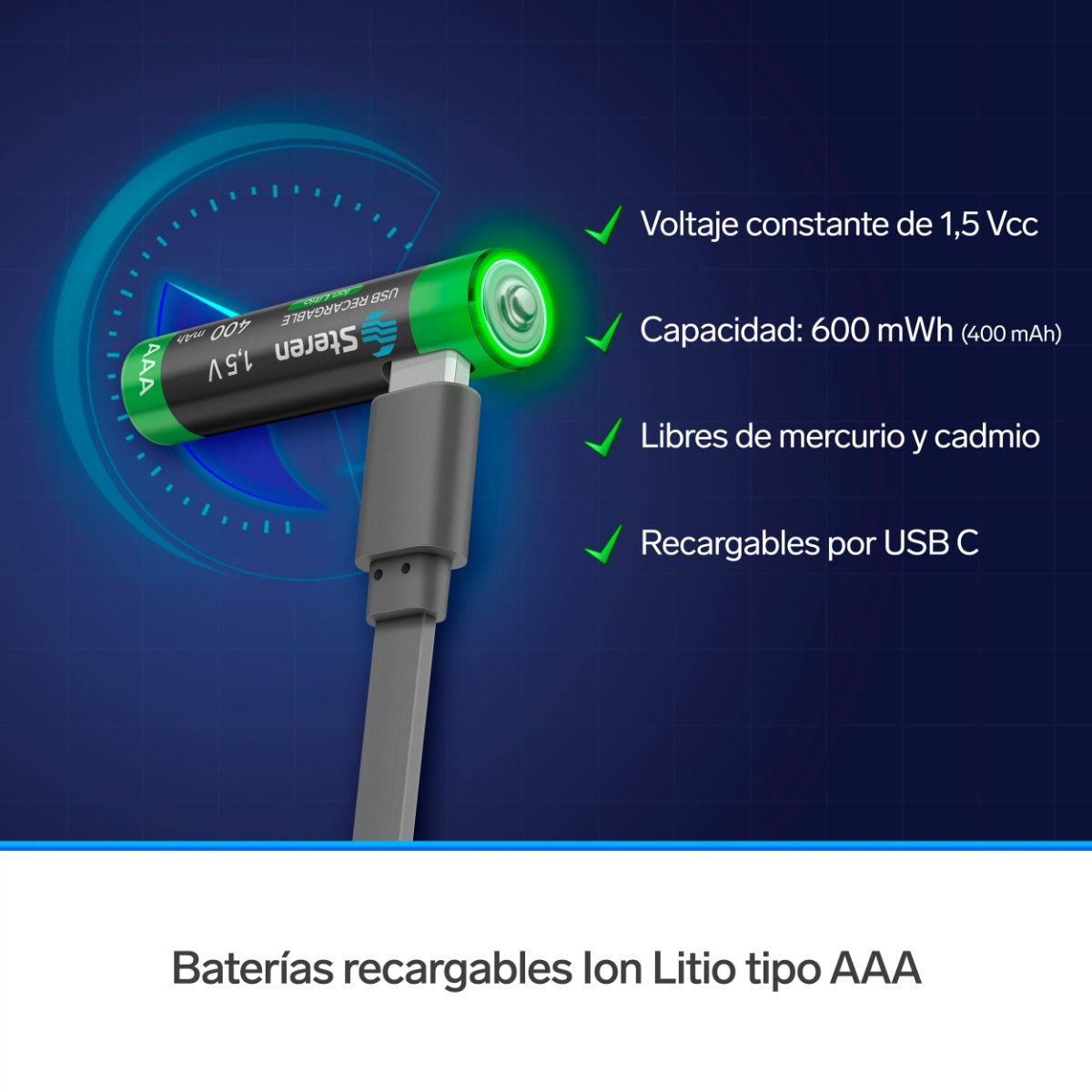 Batería recargable USB Li-ion AAA de 370mAh - 2 unidades-3