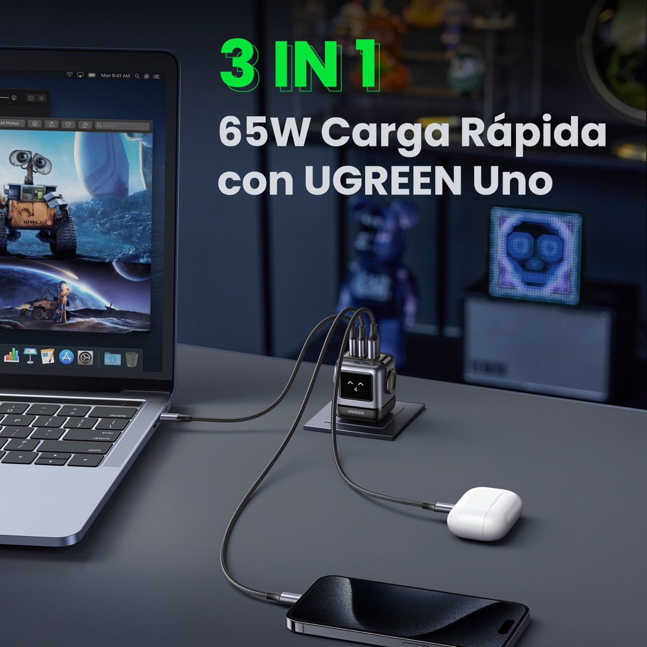 Cargador UGREEN UNO de 3 puertos de 65W - gris-4
