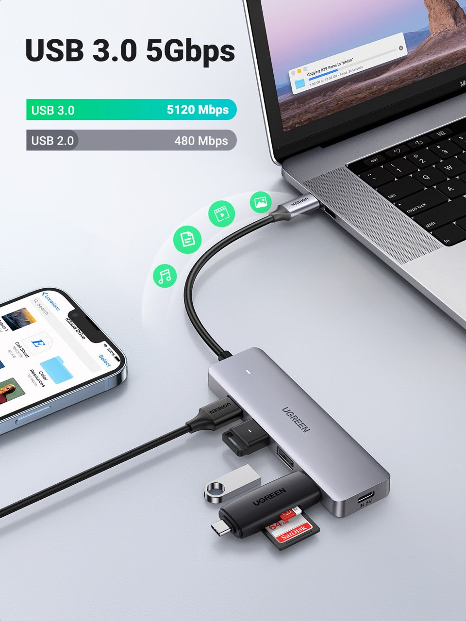 Concentrador UGREEN de USB-C a 4 USB-A-3