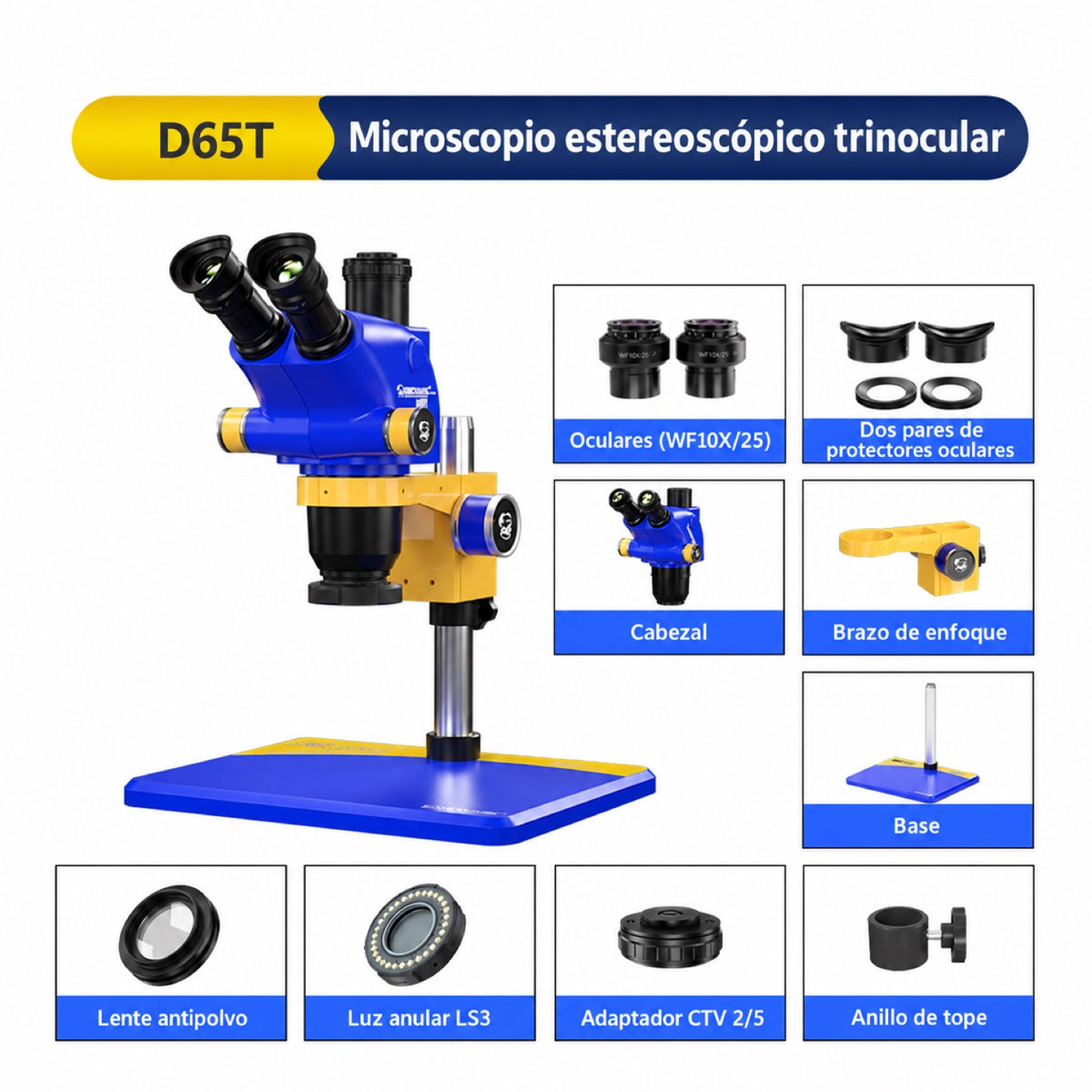 Microscopio trinocular estéreo Mechanic D65T con base B11-2