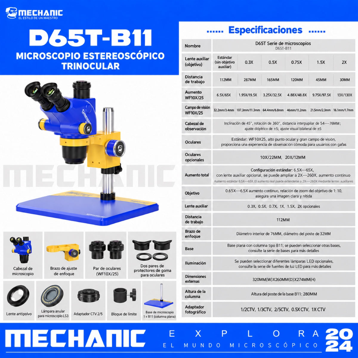 Microscopio trinocular estéreo Mechanic D65T con base B11-4