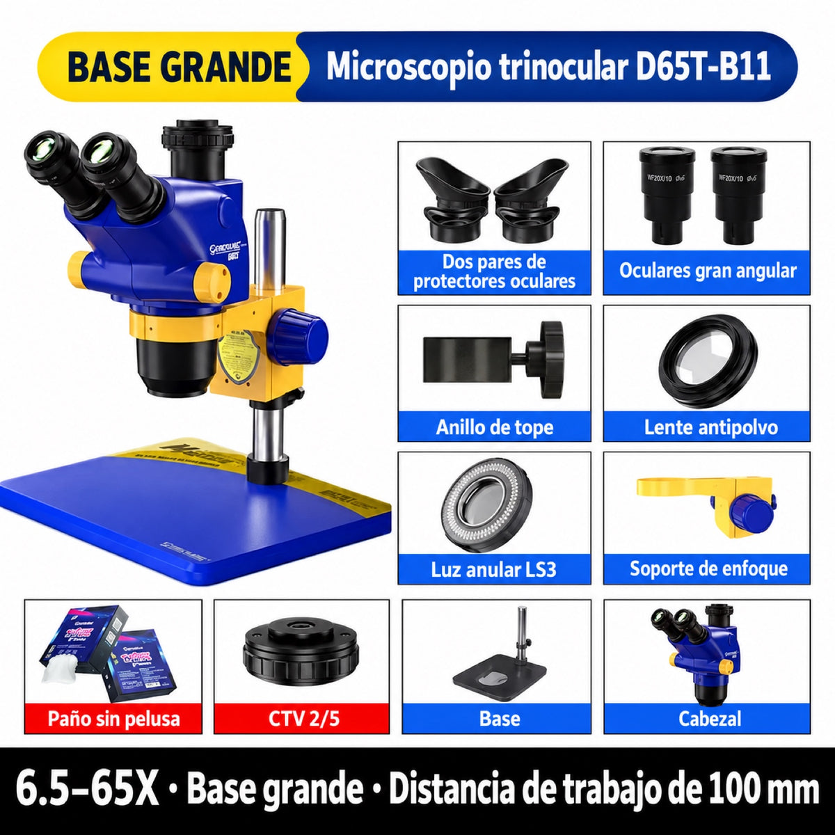Microscopio trinocular estéreo Mechanic D65T con base B11-5