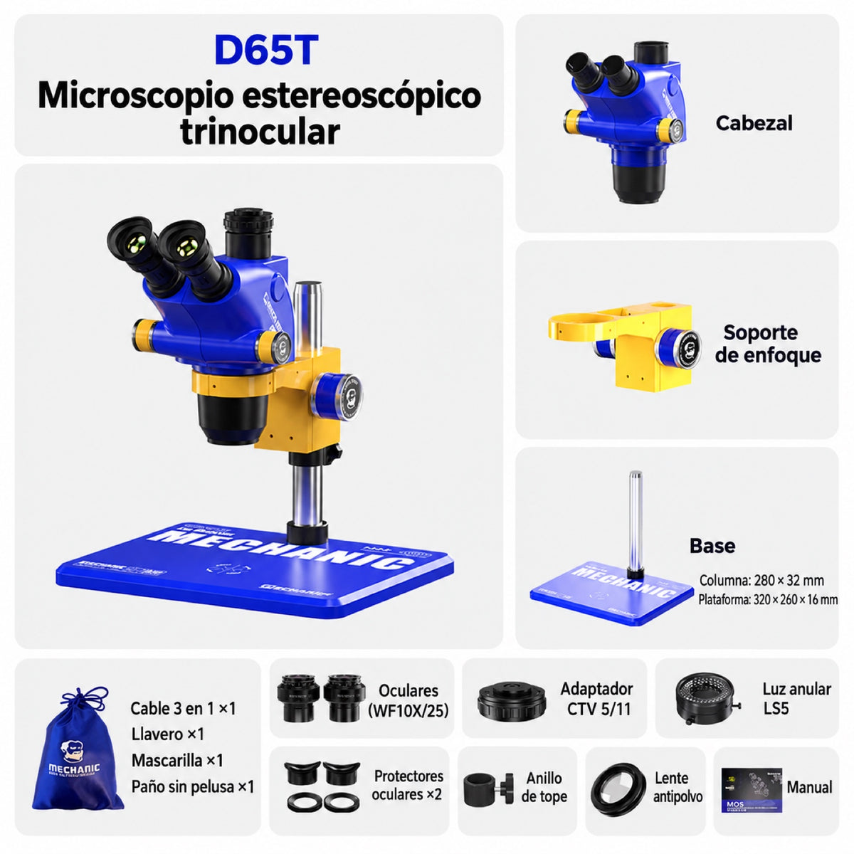 Microscopio trinocular estéreo Mechanic D65T con base B11-7