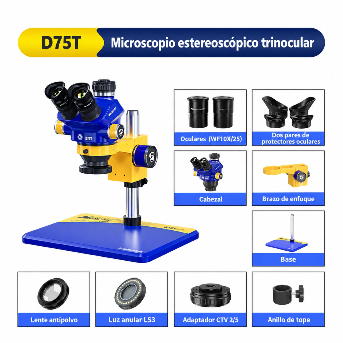 Microscopio trinocular estéreo Mechanic D75T con base B11-3