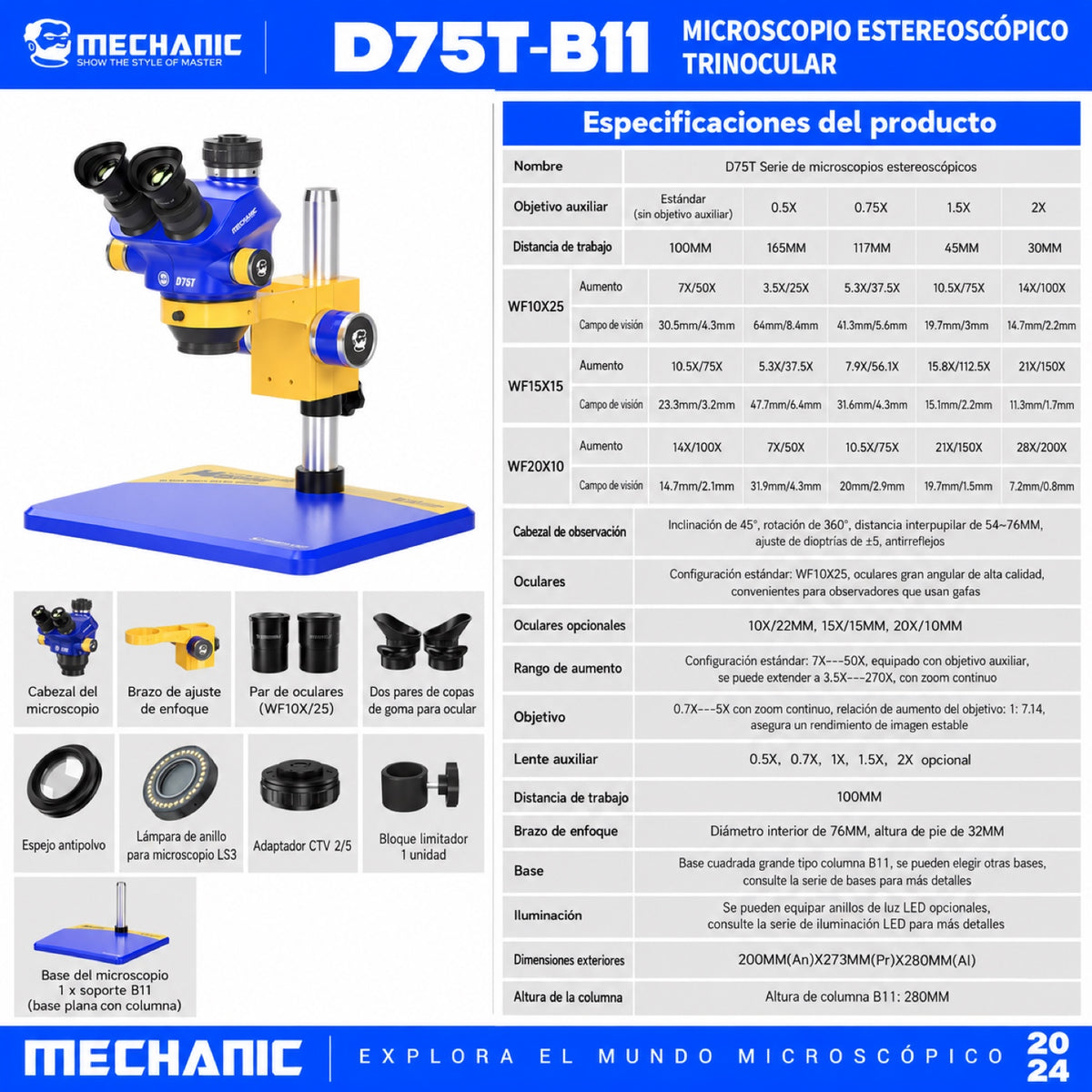 Microscopio trinocular estéreo Mechanic D75T con base B11-4