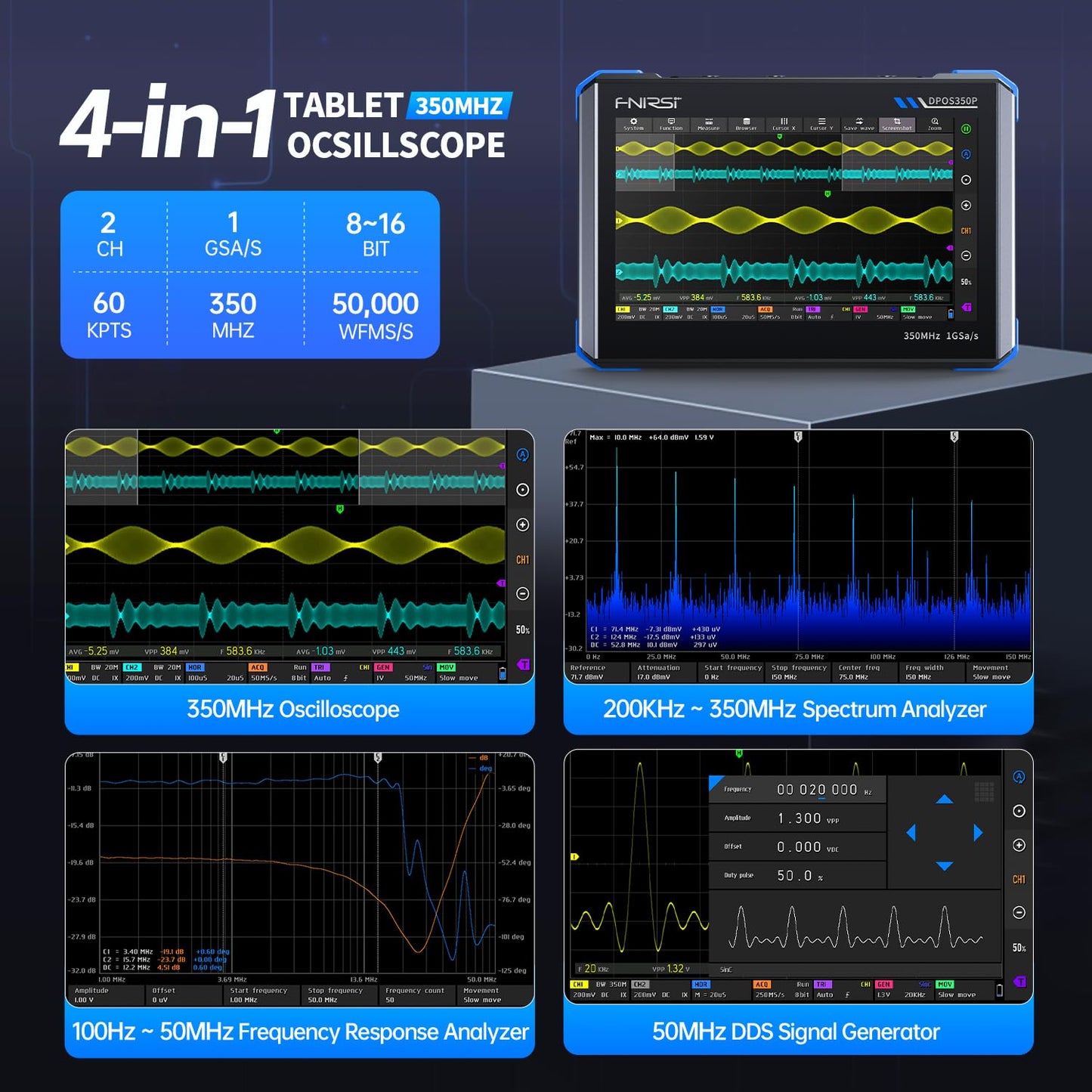 Osciloscopio 4 en 1 de 350 MHz y 2 canales DPOS350P-3