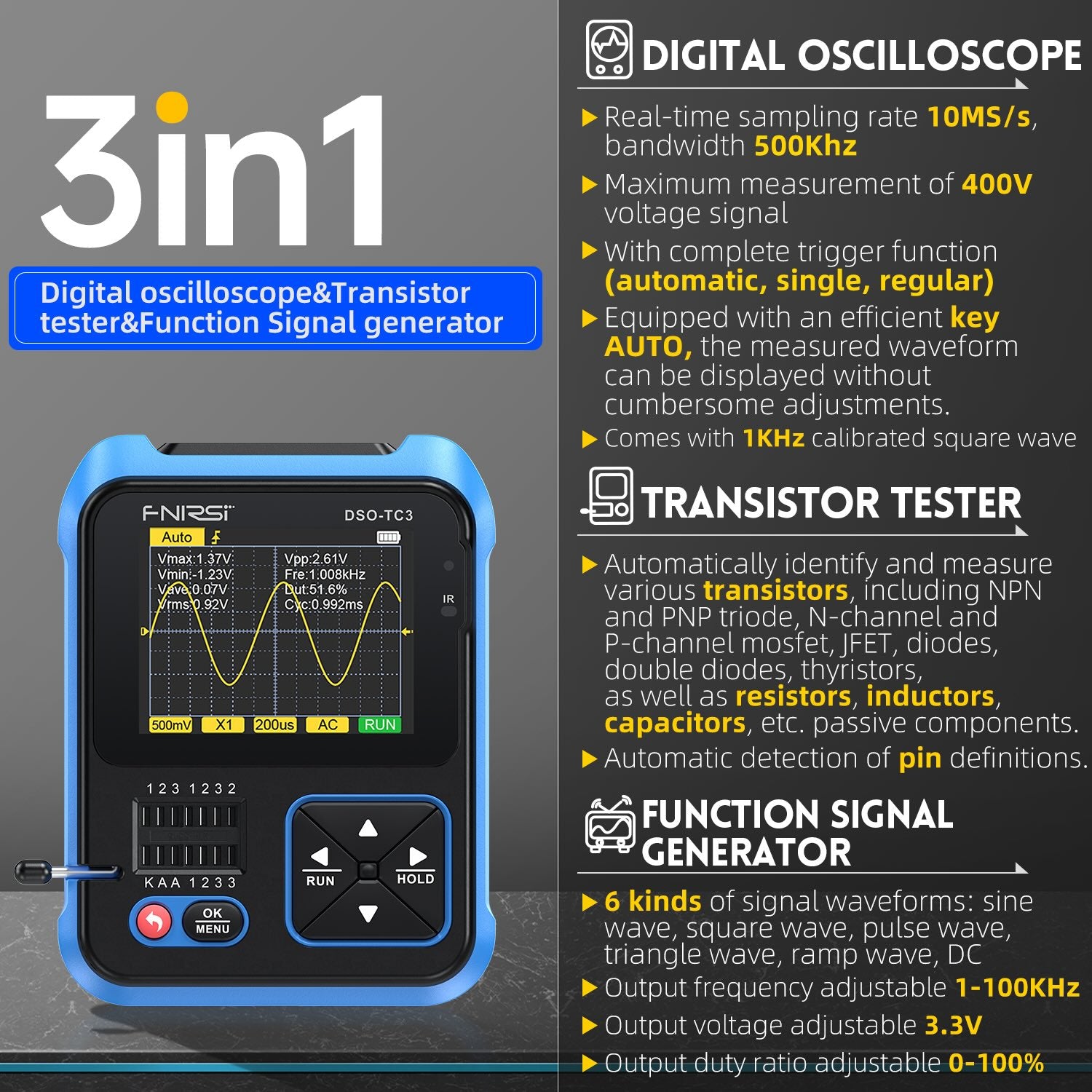 Osciloscopio portátil y tester de componentes Fnirsi DSO-TC3-4