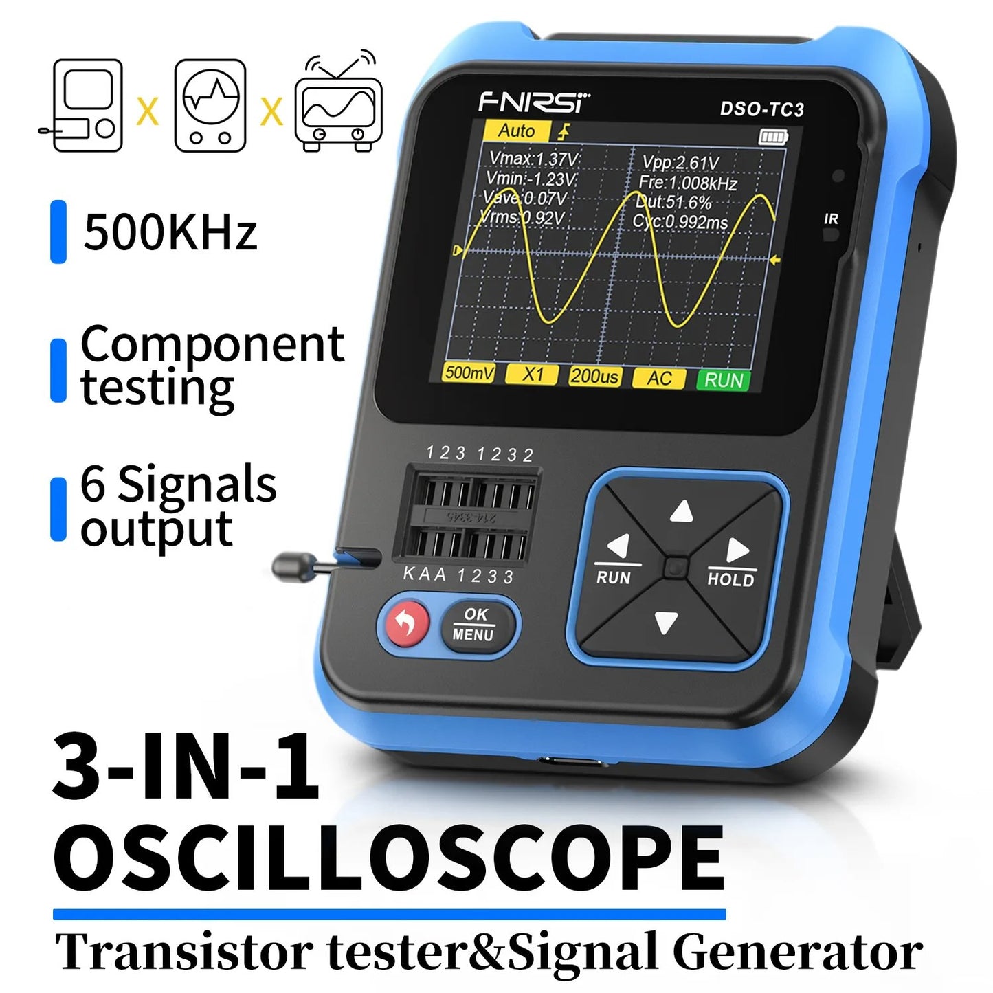 Osciloscopio portátil y tester de componentes Fnirsi DSO-TC3-2