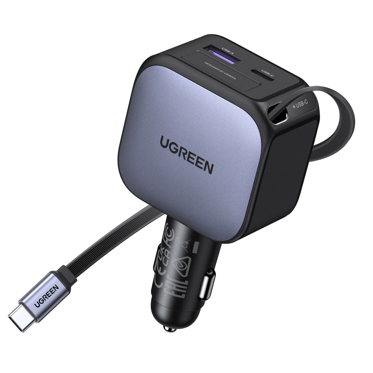 Cargador UGREEN para carro de 60W con cable retráctil-2