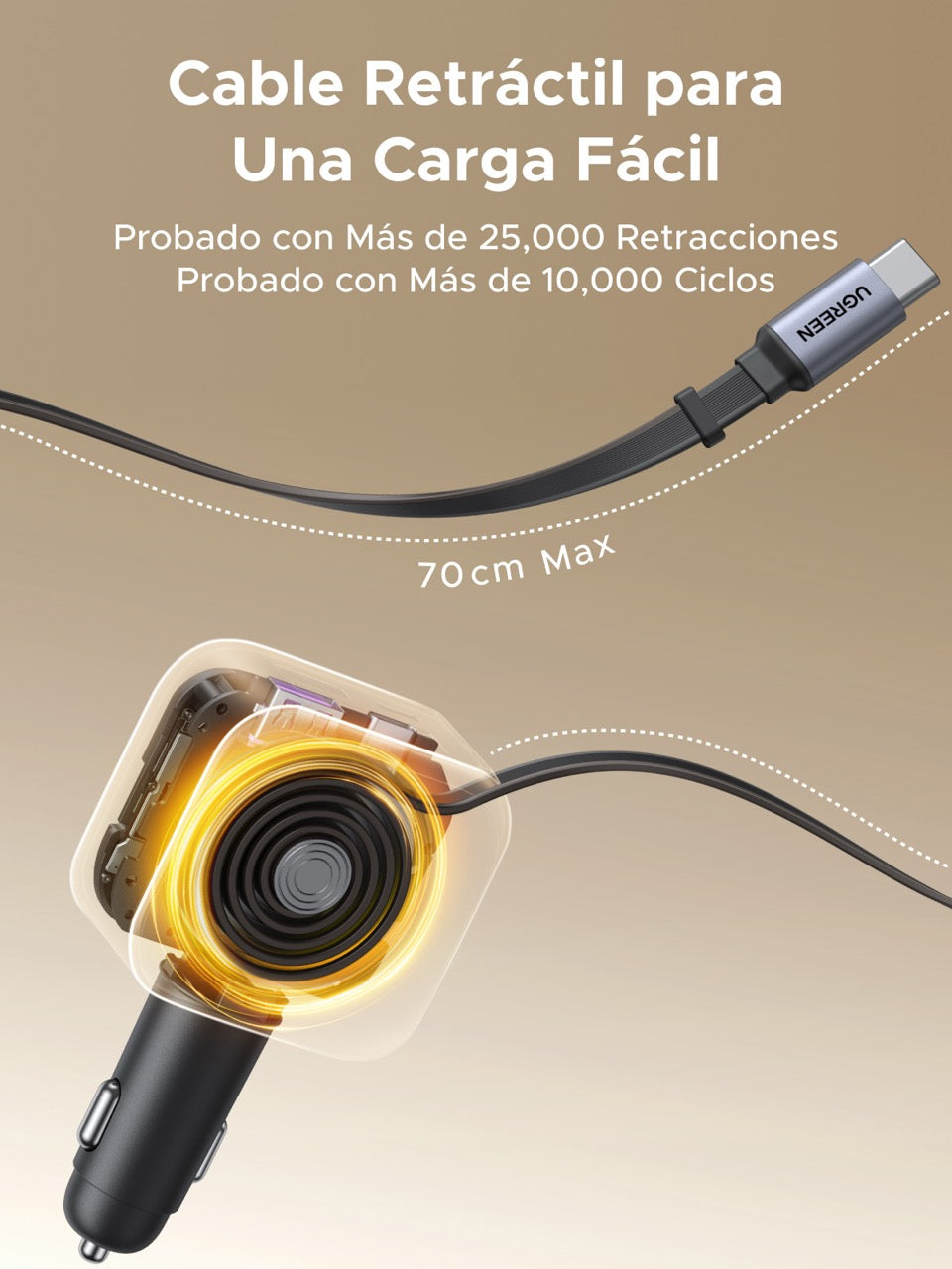 Cargador UGREEN para carro de 60W con cable retráctil-3