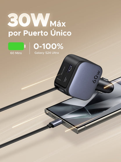 Cargador UGREEN para carro de 60W con cable retráctil-5