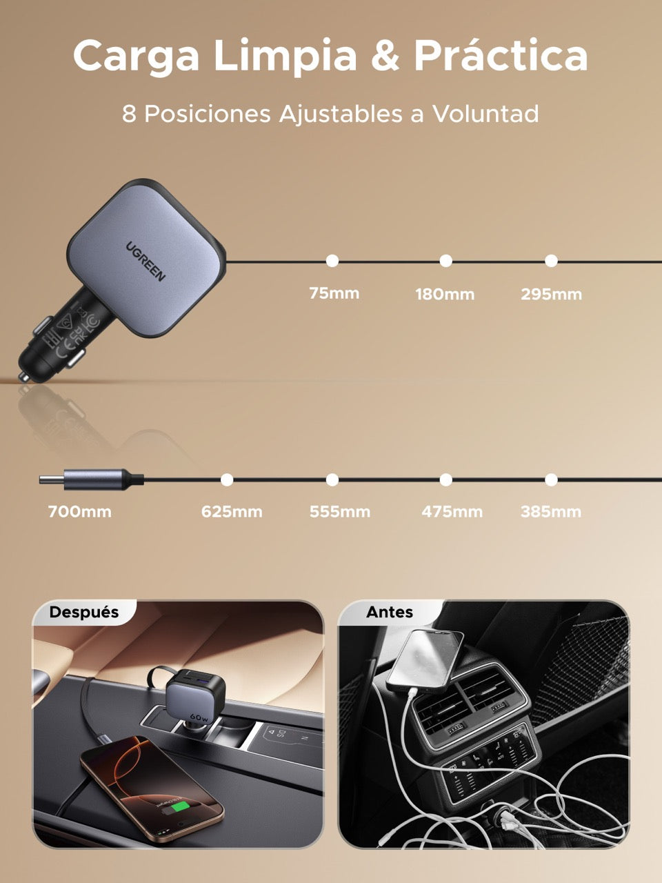 Cargador UGREEN para carro de 60W con cable retráctil-6
