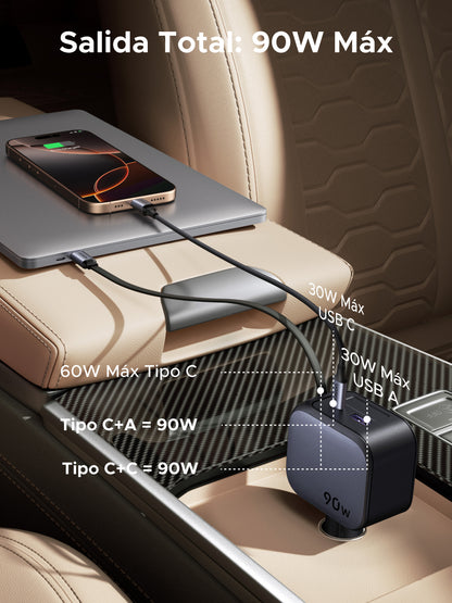 Cargador UGREEN para carro de 90W con cable retráctil