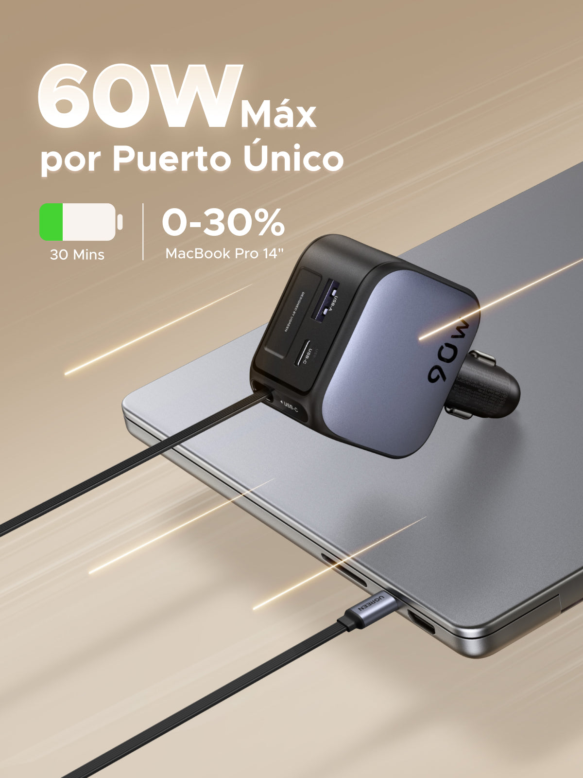 Cargador UGREEN para carro de 90W con cable retráctil