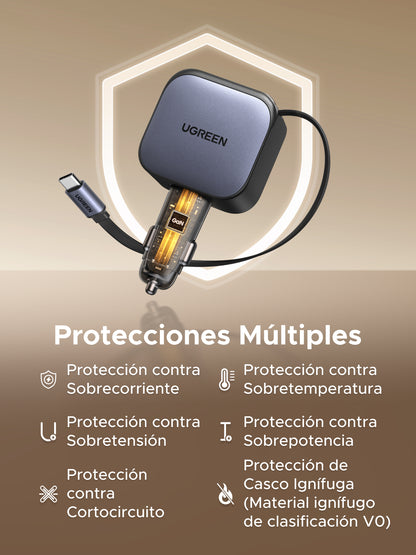 Cargador UGREEN para carro de 90W con cable retráctil