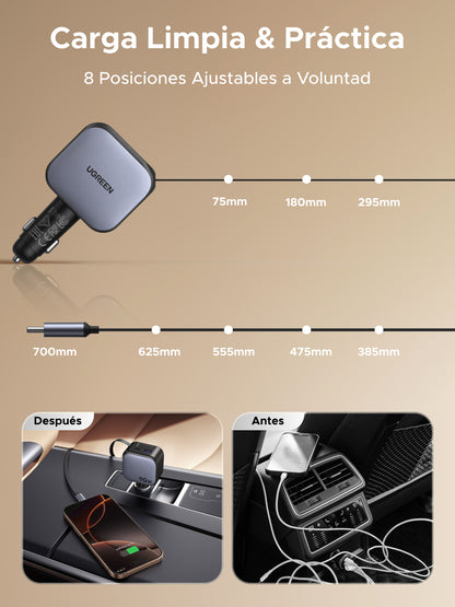 Cargador UGREEN para carro de 90W con cable retráctil