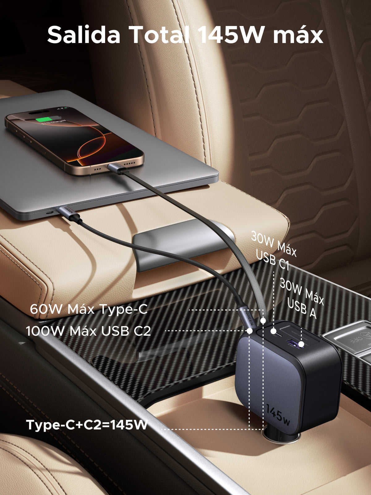 Cargador UGREEN para carro de 145W con cable retráctil