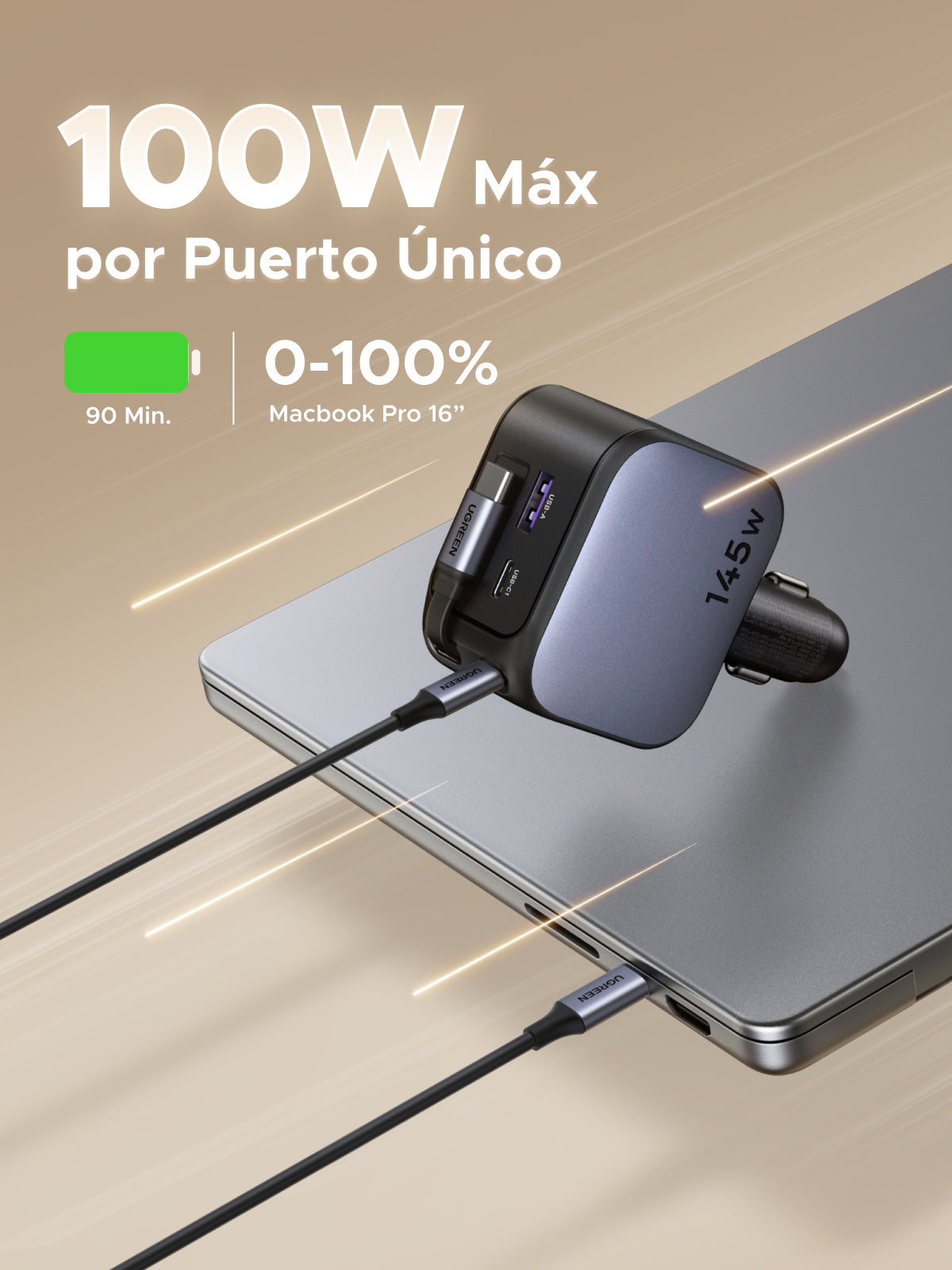 Cargador UGREEN para carro de 145W con cable retráctil