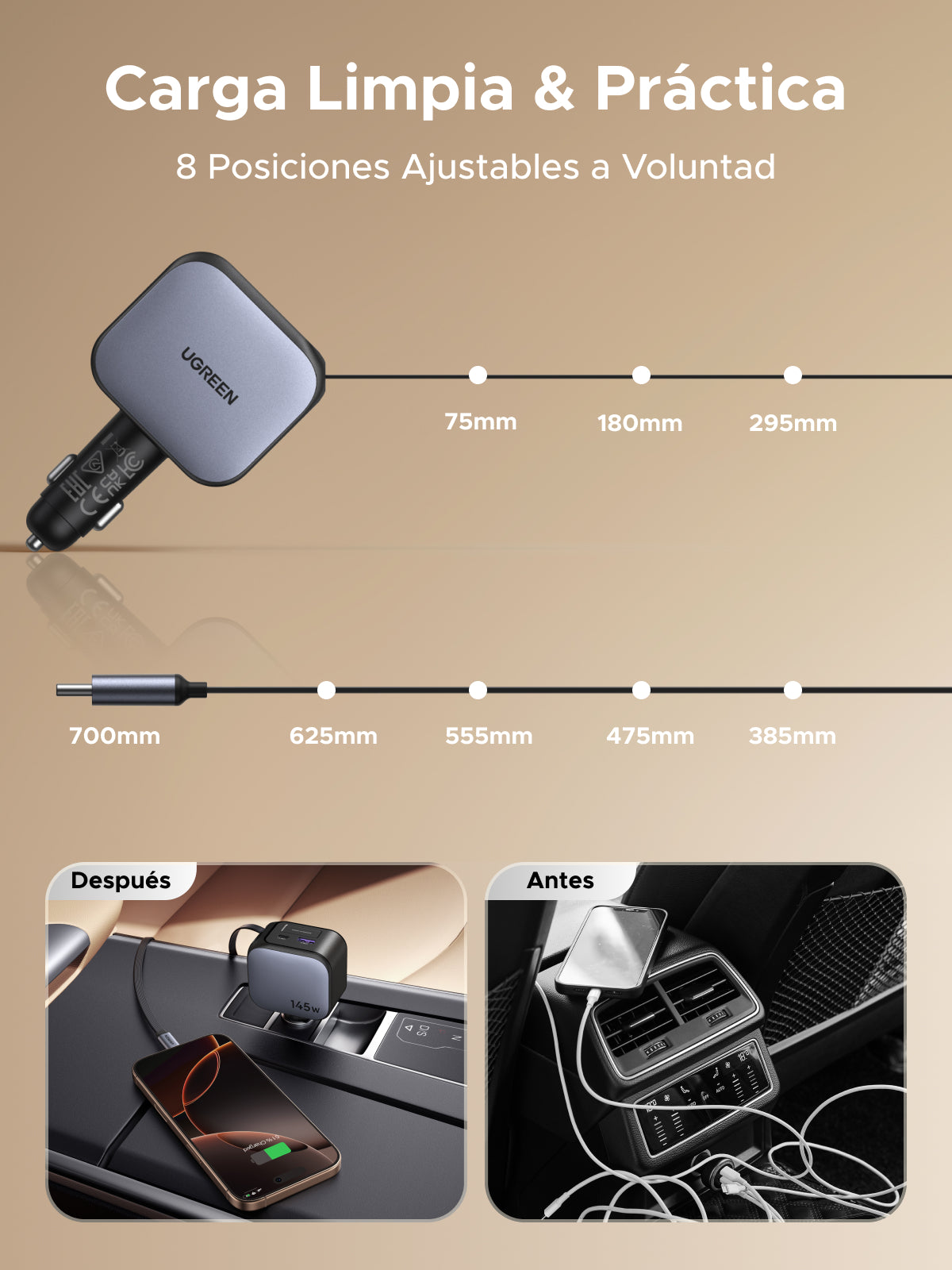 Cargador UGREEN para carro de 145W con cable retráctil