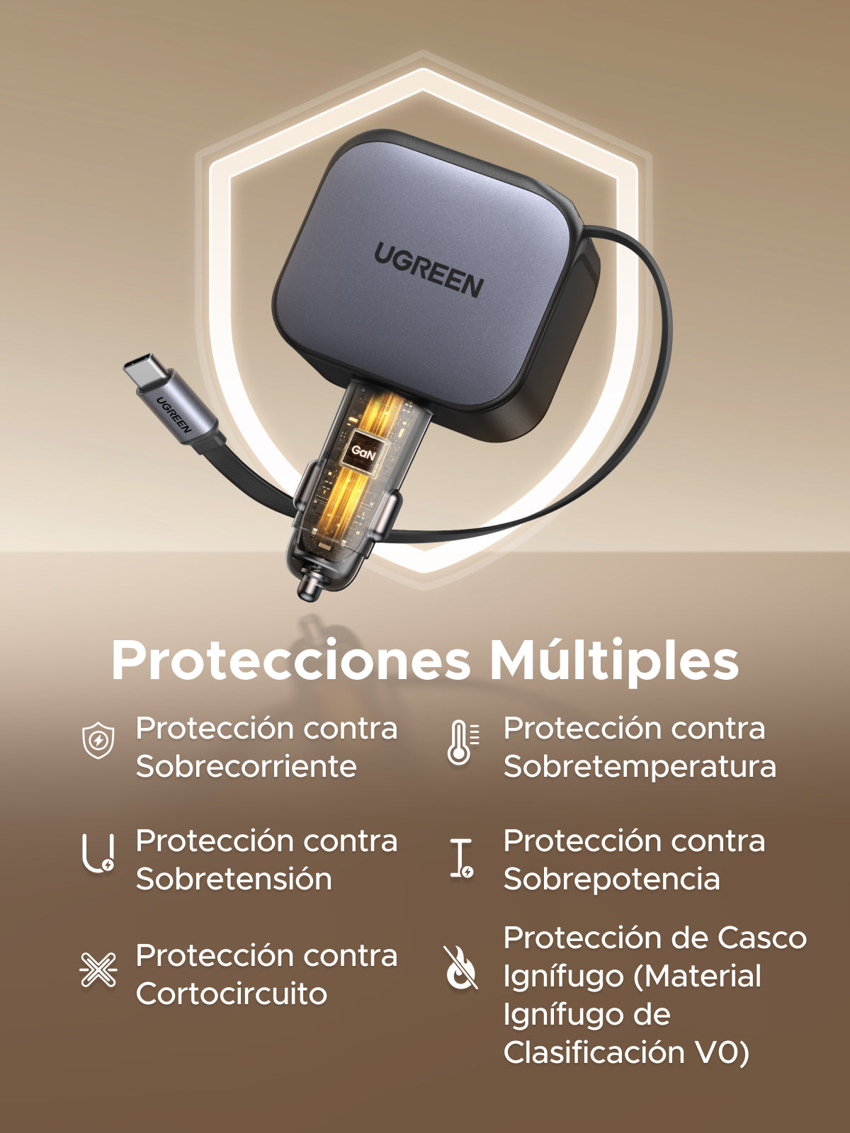 Cargador UGREEN para carro de 145W con cable retráctil