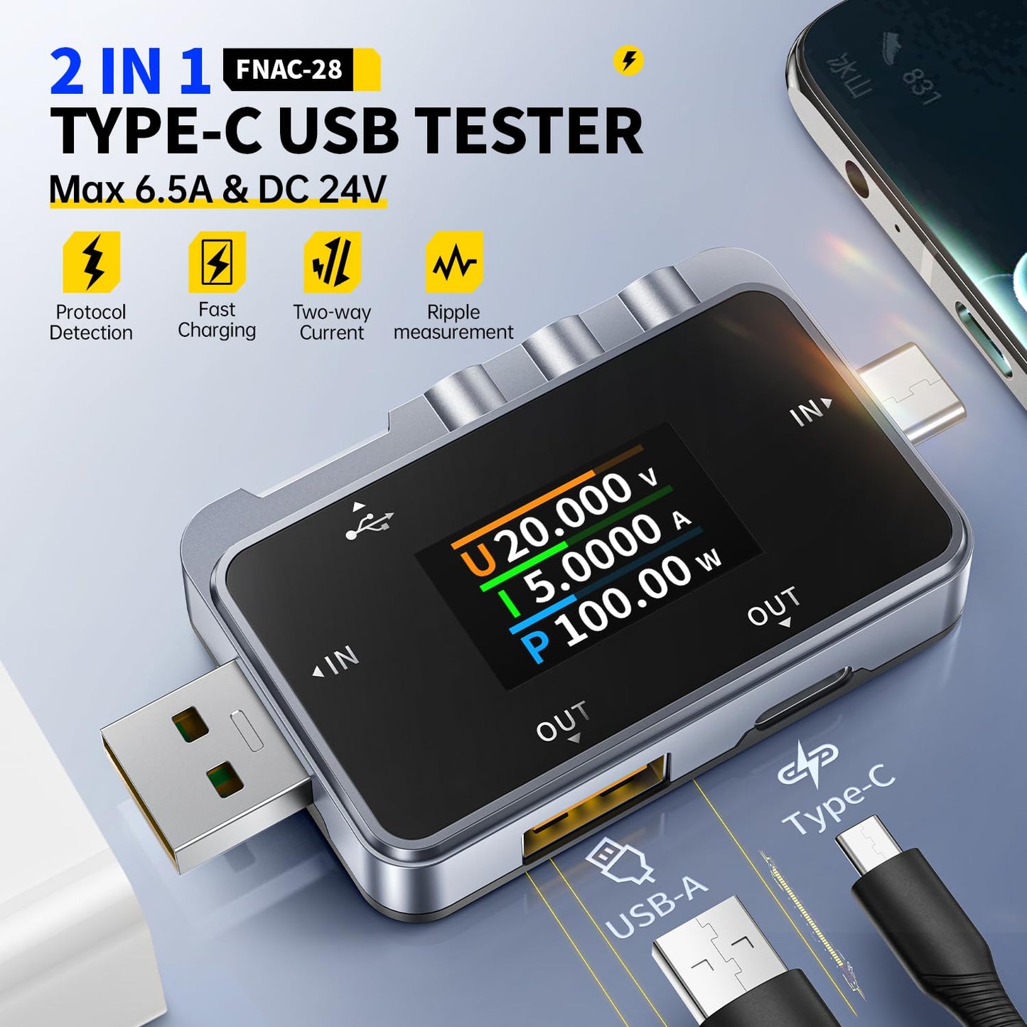 Tester USB Fnirsi FNAC USB-C y USB-A de 6.5A-2