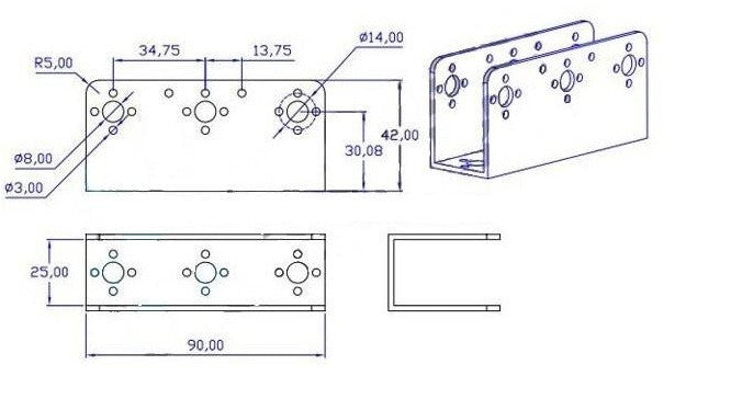 Viga en U para servo MG995 o MG996R-3