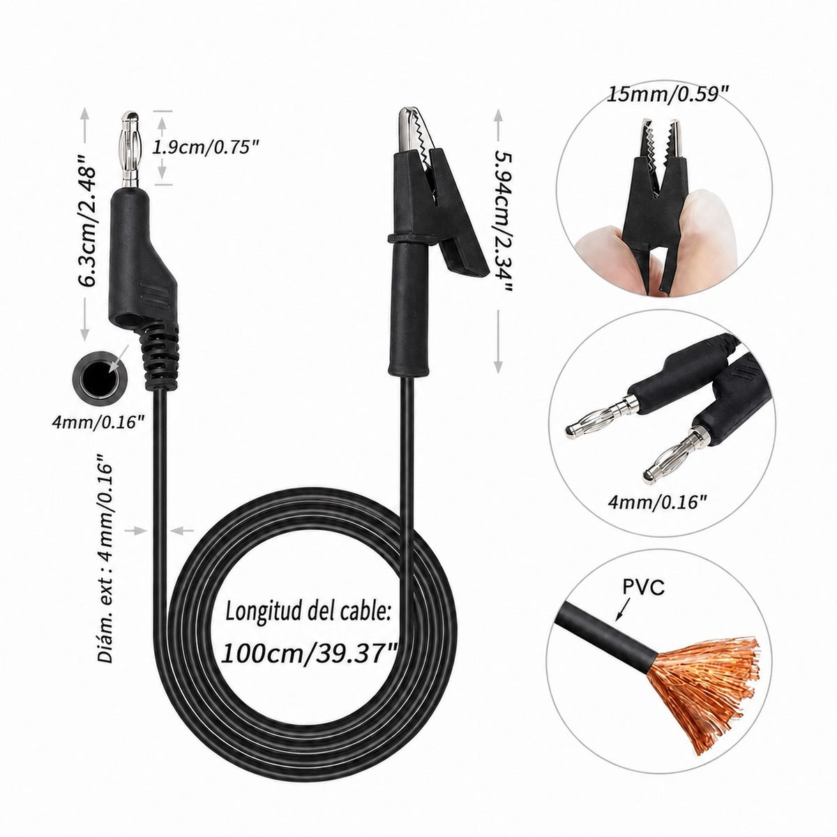 Cable de prueba de banana 4mm a lagarto de 1m - negro-2