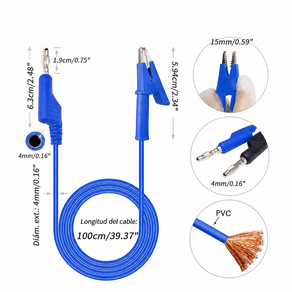 Cable de prueba de banana 4mm a lagarto de 1m - azul-2