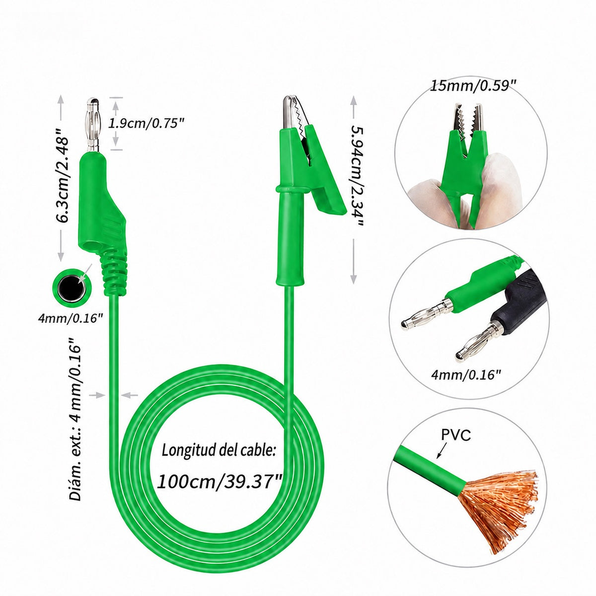 Cable de prueba de banana 4mm a lagarto de 1m - verde-2